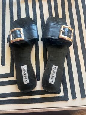 Steve Madden Black Slides with Gold Buckles